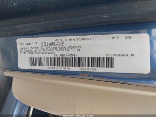 2009 Subaru Legacy 2.5i მანქანა იყიდება აუქციონზე, vin: 4S3BL616597214914, აუქციონის ნომერი: 45449215