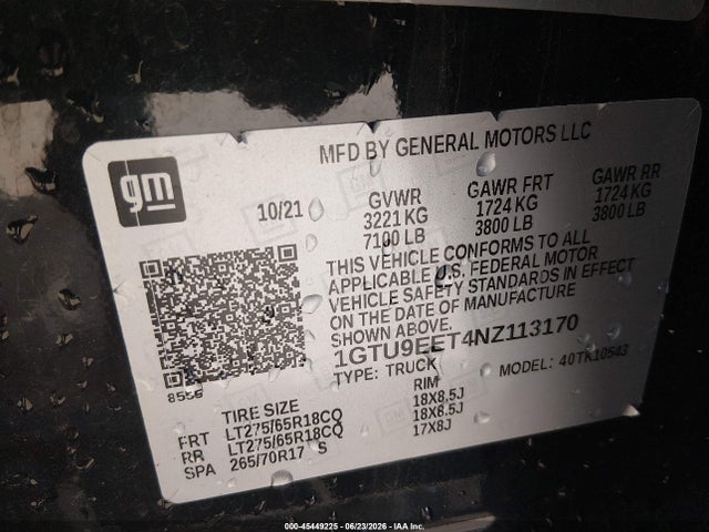 45449225 :رقم المزاد ، 1GTU9EET4NZ113170 vin ، 2022 Gmc Sierra 1500 Limited 4wd  Short Box At4 مزاد بيع