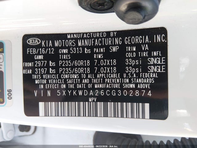 2012 Kia Sorento Sx V6 მანქანა იყიდება აუქციონზე, vin: 5XYKWDA26CG302874, აუქციონის ნომერი: 45449255