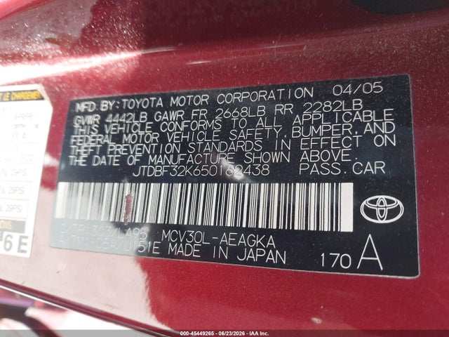 Aukcja sprzedaży 2005 Toyota Camry Xle V6, vin: JTDBF32K650162438, numer aukcji: 45449265