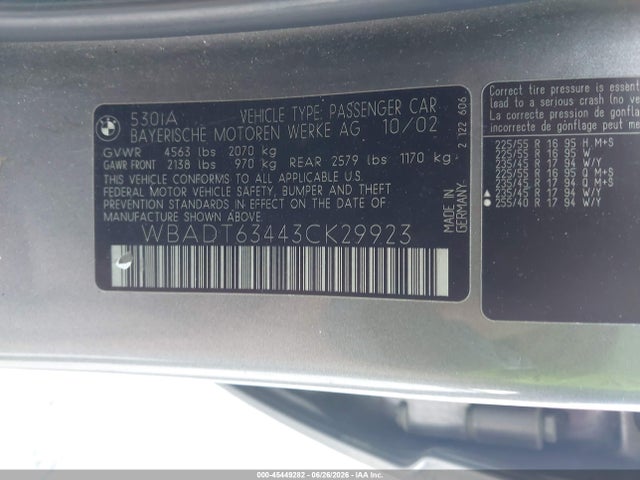 45449282 :رقم المزاد ، WBADT63443CK29923 vin ، 2003 Bmw 5 Series 530ia مزاد بيع