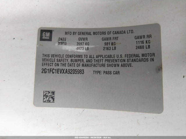 45449284 :رقم المزاد ، 2G1FC1EVXA9205983 vin ، 2010 Chevrolet Camaro 2lt مزاد بيع