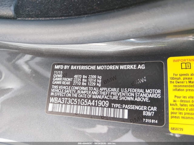 Aukcja sprzedaży 2016 Bmw 435i, vin: WBA3T3C51G5A41909, numer aukcji: 45449287