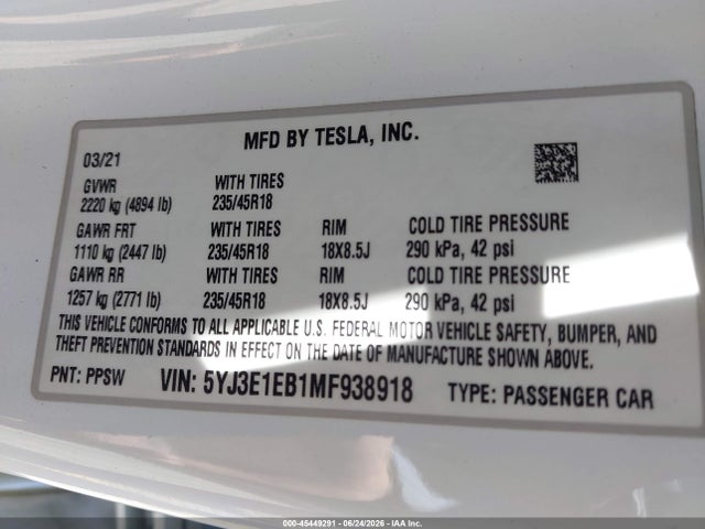 Tesla Model 3 Long Range 2021 5YJ3E1EB1MF938918 Image 9
