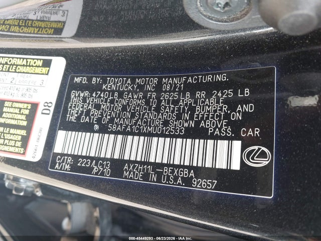 Aukcja sprzedaży 2021 Lexus Es 300h Ultra Luxury, vin: 58AFA1C1XMU012533, numer aukcji: 45449293