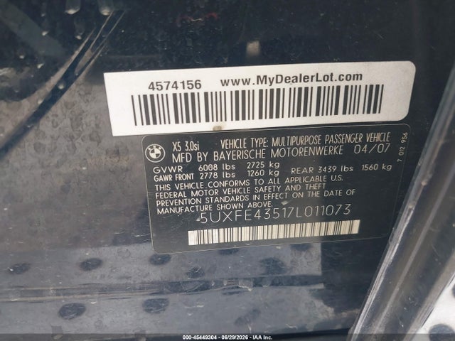 45449304 :رقم المزاد ، 5UXFE43517L011073 vin ، 2007 Bmw X5 3.0si مزاد بيع