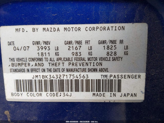 Aukcja sprzedaży 2007 Mazda Mazda3 S Touring, vin: JM1BK343271754563, numer aukcji: 45449305