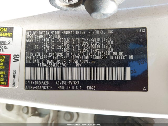2014 Toyota Venza Le მანქანა იყიდება აუქციონზე, vin: 4T3BA3BB4EU057021, აუქციონის ნომერი: 45449307