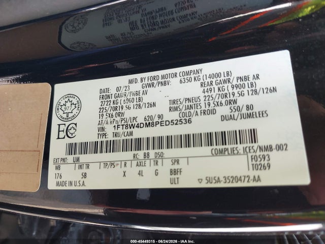 45449315 :رقم المزاد ، 1FT8W4DM8PED52536 vin ، 2023 Ford F-450 King Ranch/lariat/limited/platinum/xl/xlt مزاد بيع