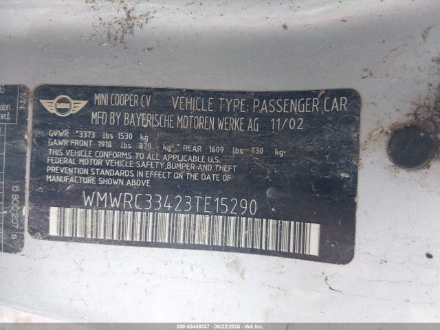 45449337 :رقم المزاد ، WMWRC33423TE15290 vin ، 2003 Mini Cooper مزاد بيع