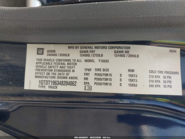 Продажа на аукционе авто 2004 Gmc Canyon Sle, vin: 1GTDT196348204062, номер лота: 45449351
