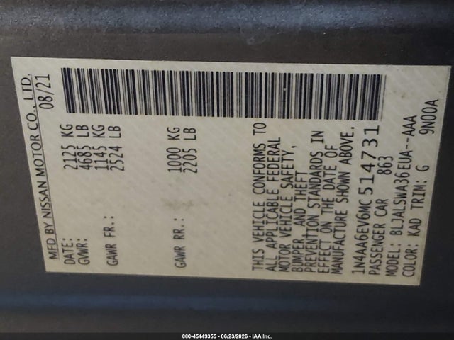 Nissan Maxima Sr Xtronic Cvt 2021 1N4AA6EV6MC514731 Image 9