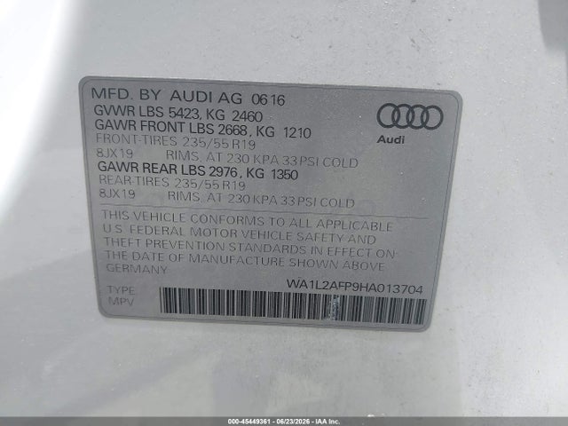 Продаж на аукціоні авто 2017 Audi Q5 2.0t Premium, vin: WA1L2AFP9HA013704, номер лоту: 45449361