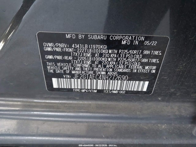 Aukcja sprzedaży 2022 Subaru Crosstrek Premium, vin: JF2GTAEC4NH272690, numer aukcji: 45449365