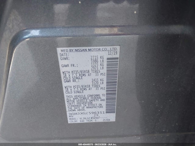 Nissan Pathfinder Sl 4wd 2020 5N1DR2CM3LC596351 Image 9