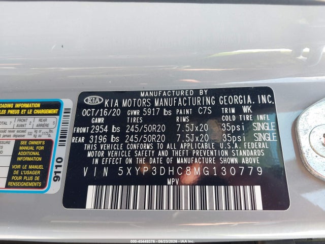 2021 Kia Telluride Ex მანქანა იყიდება აუქციონზე, vin: 5XYP3DHC8MG130779, აუქციონის ნომერი: 45449376