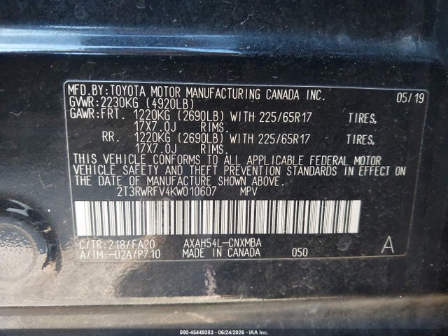 45449383 :رقم المزاد ، 2T3RWRFV4KW010607 vin ، 2019 Toyota Rav4 Hybrid Xle مزاد بيع