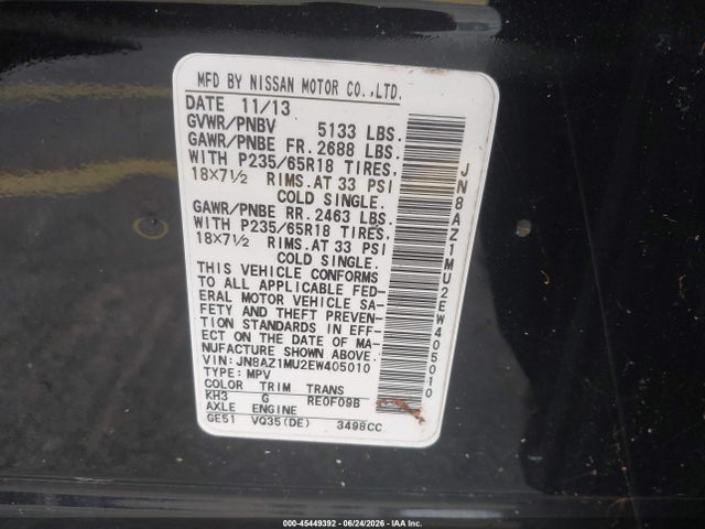 Auction sale of the 2014 Nissan Murano Sl, vin: JN8AZ1MU2EW405010, lot number: 45449392