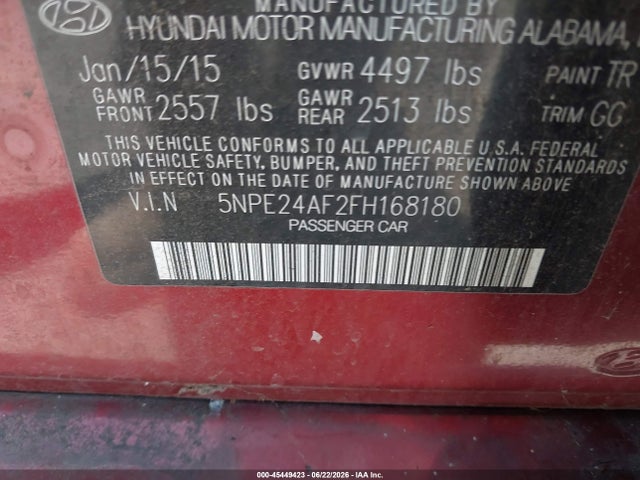 45449423 :رقم المزاد ، 5NPE24AF2FH168180 vin ، 2015 Hyundai Sonata Se مزاد بيع