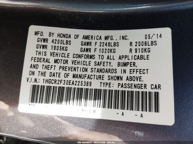 Honda ACCORD LX 2014 1HGCR2F30EA225389 Image 9