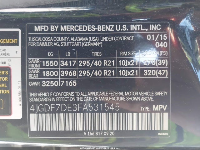 Aukcja sprzedaży 2015 Mercedes-benz Gl 550 4matic, vin: 4JGDF7DE3FA531545, numer aukcji: 45449433