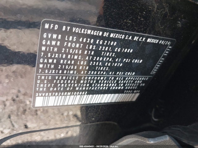 2024 Volkswagen Taos 1.5t S მანქანა იყიდება აუქციონზე, vin: 3VV8X7B25RM100662, აუქციონის ნომერი: 45449451
