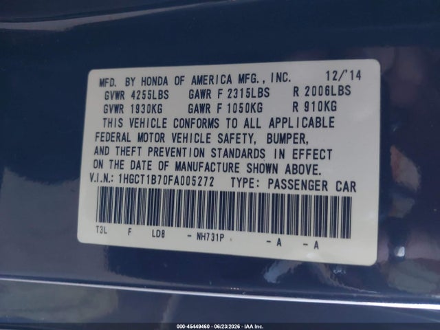Honda ACCORD EX 2015 1HGCT1B70FA005272 Image 9