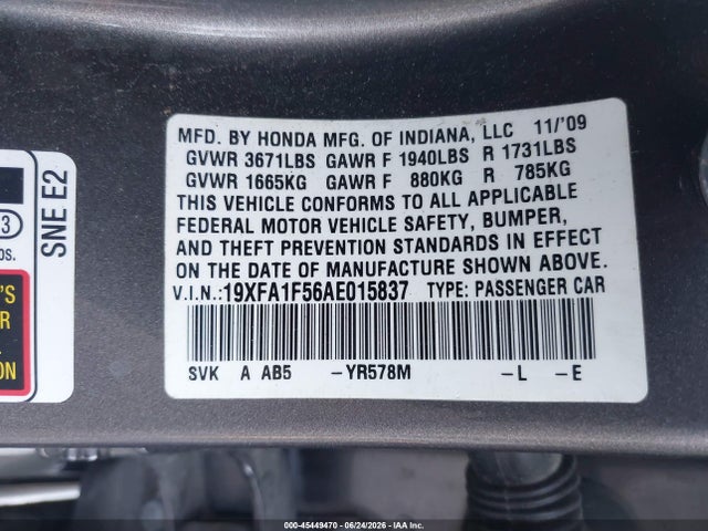 Auction sale of the 2010 Honda Civic Lx, vin: 19XFA1F56AE015837, lot number: 45449470