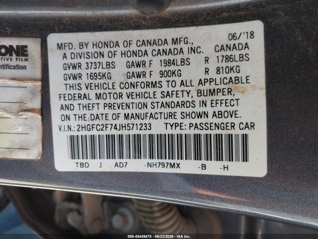 Aukcja sprzedaży 2018 Honda Civic Ex, vin: 2HGFC2F74JH571233, numer aukcji: 45449478