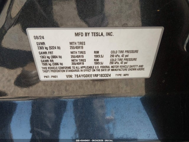 Aukcja sprzedaży 2024 Tesla Model Y Long Range Dual Motor All-wheel Drive, vin: 7SAYGDEE1RF183324, numer aukcji: 45449481