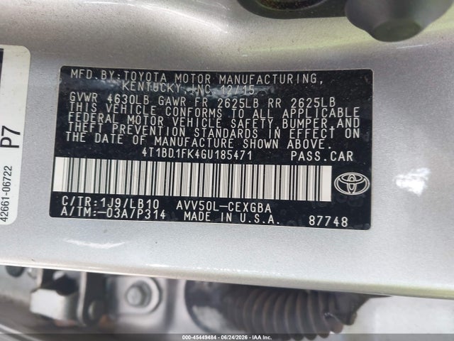 45449484 :رقم المزاد ، 4T1BD1FK4GU185471 vin ، 2016 Toyota Camry Hybrid Xle مزاد بيع