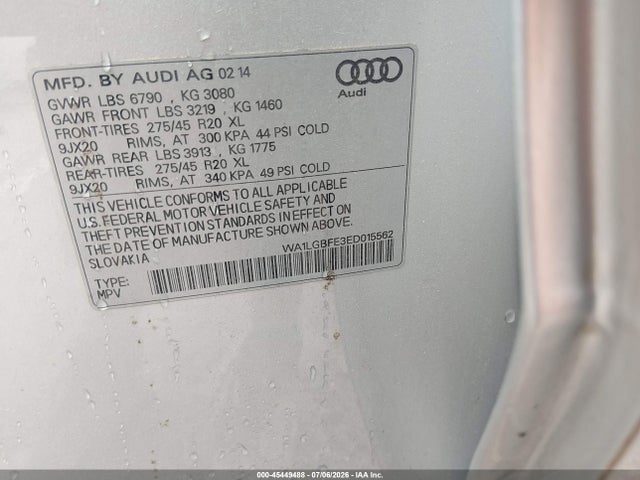 45449488 :رقم المزاد ، WA1LGBFE3ED015562 vin ، 2014 Audi Q7 3.0t Premium مزاد بيع