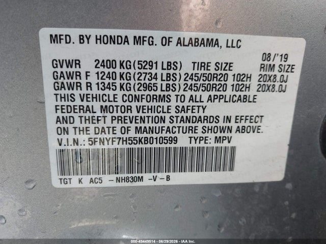 Aukcja sprzedaży 2019 Honda Passport Ex-l, vin: 5FNYF7H55KB010599, numer aukcji: 45449514