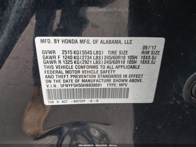Honda Pilot Ex-l 2017 5FNYF5H55HB038691 Image 9