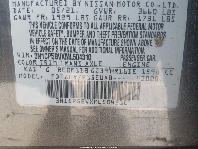 Продаж на аукціоні авто 2021 Nissan Kicks S Xtronic Cvt, vin: 3N1CP5BVXML504310, номер лоту: 45449551