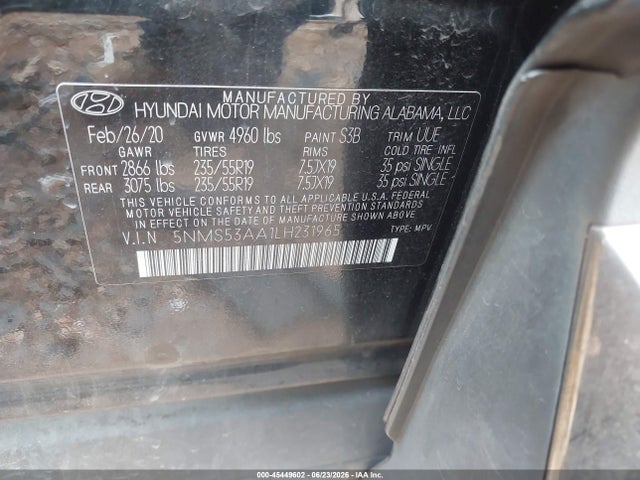 Продаж на аукціоні авто 2020 Hyundai Santa Fe Limited 2.0t, vin: 5NMS53AA1LH231965, номер лоту: 45449602