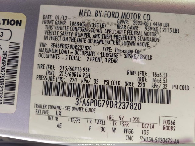 Продажа на аукционе авто 2013 Ford Fusion S, vin: 3FA6P0G79DR237820, номер лота: 45449608