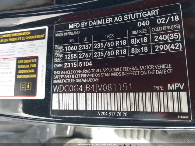 Aukcja sprzedaży 2018 Mercedes-benz Glc 300, vin: WDC0G4JB4JV081151, numer aukcji: 45449619