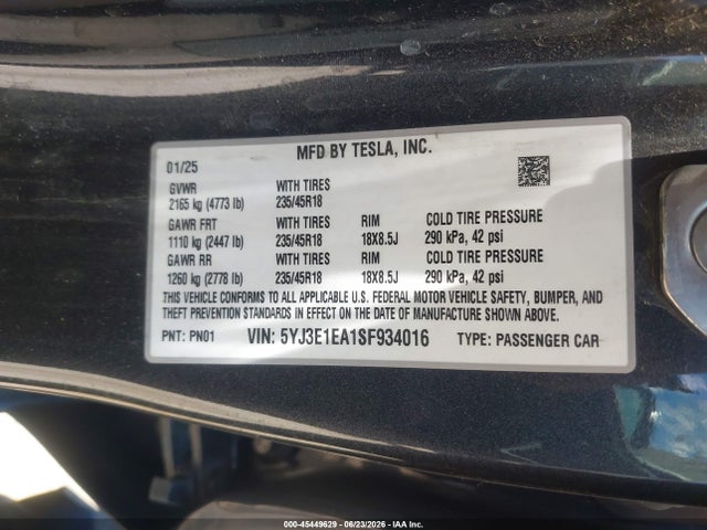 Продаж на аукціоні авто 2025 Tesla Model 3 Long Range Rear-wheel Drive/standard Rear-wheel Drive, vin: 5YJ3E1EA1SF934016, номер лоту: 45449629