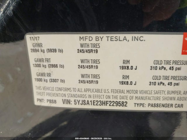 Aukcja sprzedaży 2017 Tesla Model S 100d/60d/75d/90d/p100d, vin: 5YJSA1E23HF229582, numer aukcji: 45449640