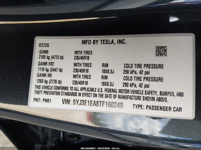 45449641 :رقم المزاد ، 5YJ3E1EA8TF160249 vin ، 2026 Tesla Model 3 Premium Rear-wheel Drive/rear-wheel Drive مزاد بيع