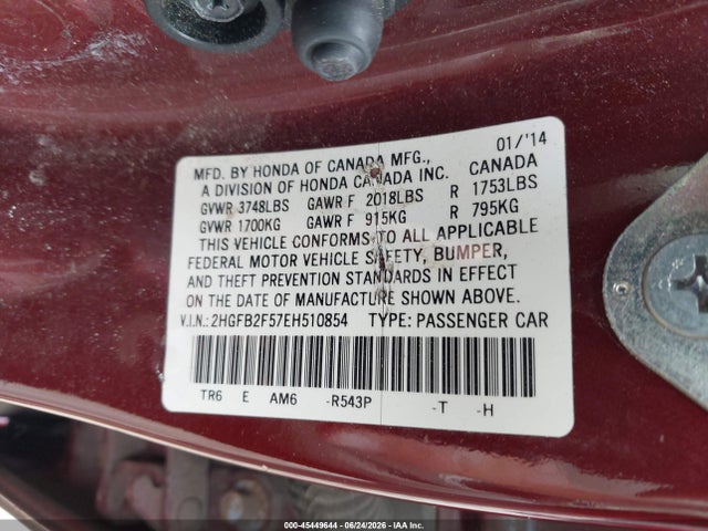Продаж на аукціоні авто 2014 Honda Civic Lx, vin: 2HGFB2F57EH510854, номер лоту: 45449644