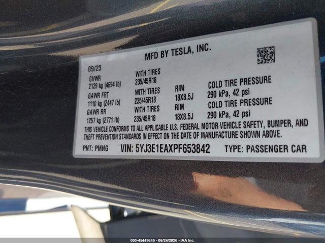 Продажа на аукционе авто 2023 Tesla Model 3 Rear-wheel Drive, vin: 5YJ3E1EAXPF653842, номер лота: 45449645