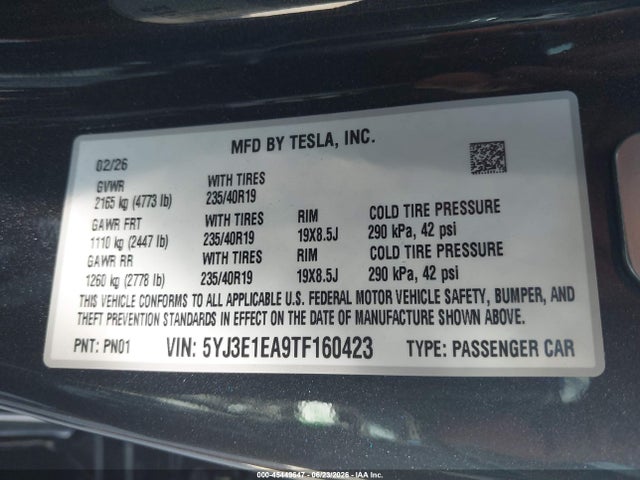 Продаж на аукціоні авто 2026 Tesla Model 3 Premium Rear-wheel Drive/rear-wheel Drive, vin: 5YJ3E1EA9TF160423, номер лоту: 45449647
