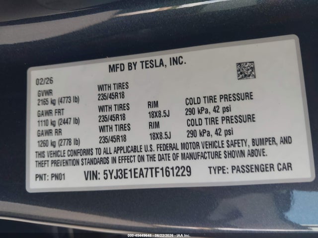 45449648 :رقم المزاد ، 5YJ3E1EA7TF161229 vin ، 2026 Tesla Model 3 Premium Rear-wheel Drive/rear-wheel Drive مزاد بيع