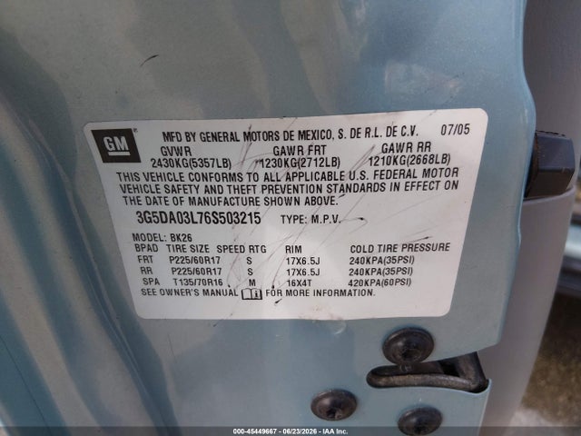 Продаж на аукціоні авто 2006 Buick Rendezvous Cx, vin: 3G5DA03L76S503215, номер лоту: 45449667