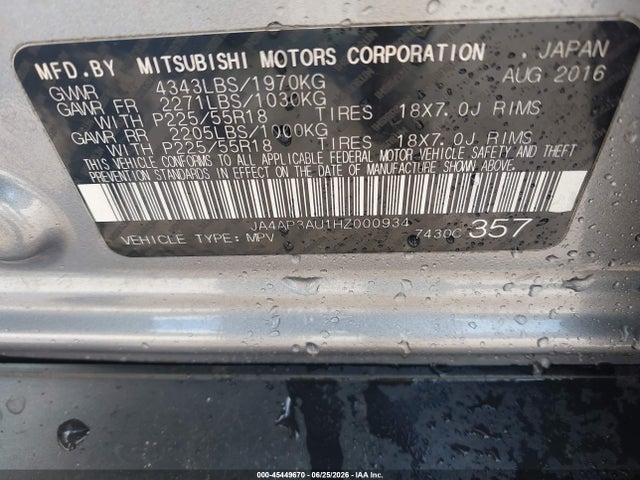 45449670 :رقم المزاد ، JA4AP3AU1HZ000934 vin ، 2017 Mitsubishi Outlander Sport 2.0 Le مزاد بيع