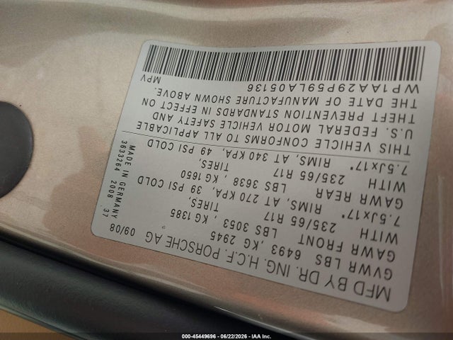45449696 :رقم المزاد ، WP1AA29P59LA05136 vin ، 2009 Porsche Cayenne مزاد بيع