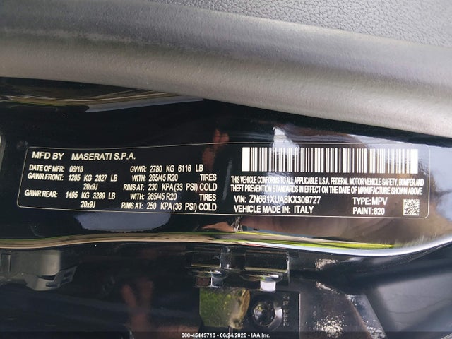 2019 Maserati Levante მანქანა იყიდება აუქციონზე, vin: ZN661XUA8KX309727, აუქციონის ნომერი: 45449710