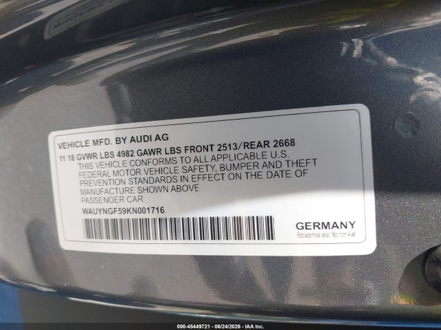 Aukcja sprzedaży 2019 Audi A5 45 Premium, vin: WAUYNGF59KN001716, numer aukcji: 45449721